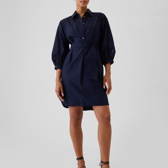 GAP NAVY Puff Sleeve Eyelet Mini Dress Eyelet Mini Shirtdress sz L - Picture 2 of 9